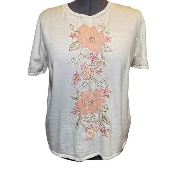 Alfred Dunner Women's plus size 1X White knit Top Pink/Peach Floral Embroidery - Picture 1 of 7
